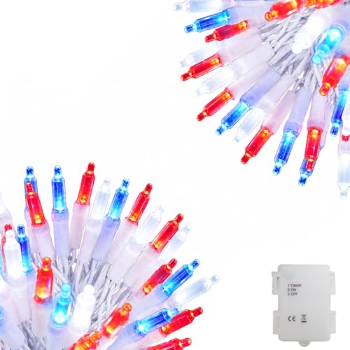 Vigdur Patriotic String Lights - 2 Packs 17Ft 50 Count Red White Blue Mini Light Battery Operated with White Wire, Outdoor String Lights for Independence Day Patriotic Holidays Decoration - color: Red white blue