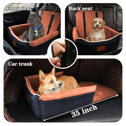 Dog Car Seat Bed 2 in 1 for Small/Medium Dogs up to 35 lbs,Adjustable Safety Leashes,Memory Foam with Soft Fabric Pets Travel Car Bed,Easily Installed in Front and Back seat,Removable and Washable. - color: Black outside Brown inside