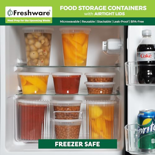 Freshware Food Storage Containers [50 Set] 8 oz Plastic Deli Containers with Lids, Slime, Soup, Meal Prep Containers, BPA Free, Stackable, Leakproof, Microwave, Dishwasher and Freezer Safe - size: 8 oz, 50-Pack
