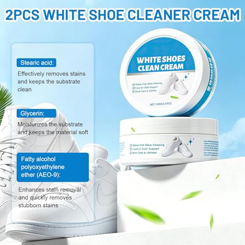 2PCS White Shoes Clean Cream, No-Wash Clean Cream White Shoe Cleaner, Multipurpose Solid Cleaning Paste with Sponge, Removes Stains for Sneakers Soles