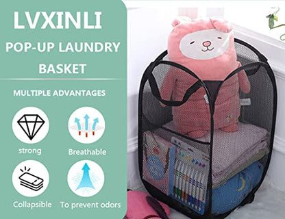 2 Pack Laundry Basket,Foldable Mesh Pop-up Laundry Hamper with Durable Handle,Easy to Open and Fold for Dorm, Laundry Room, Bedroom, RV (Black and blue) - color: Black and blue