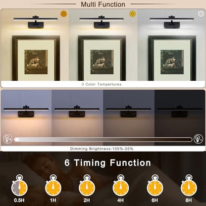 LED Wireless Picture Light with Remote Control,USB Rechargeable Battery Powered Art Lamps,Dimmable,270° Rotate,Timing,15.5 Inch Black Wall Lights for Paintings,Picture Frame,Gallery - color: Battery Operated Black, size: 15.7 Inch