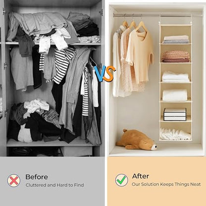 MAX Houser 6 Tier Shelf Hanging Closet Organizer, Closet Hanging Shelf with 2 Sturdy Hooks for Storage, Foldable (Beige-D3) - color: Beige-d3