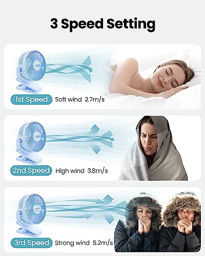 Gaiatop Portable Clip on Fan Battery Operated, Small Powerful 3 Speed Quiet 360° Rotate, USB Rechargeable Mini Personal Cooling Fan for Desk Table Home Office Stroller Camping Women Gifts Light Blue - color: light Blue