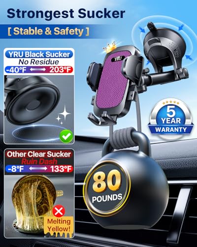 YRU [True Upgrade for Safety] Car Phone Holder Mount [Patent & Military-Grade] Dashboard Cell Phone Holder for Car Vent Windshield Phone Stand for iPhone 17 16 15 14 13 Pro Max Truck Samsung, Purple - color: Purple