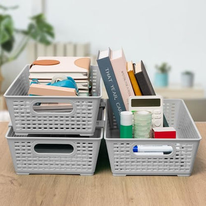 Tiawudi Stackable Woven Plastic Basket, Storage Bins for Cabinet, Closet, Shelf, Under Sink and Countertop, Pantry Organizer Bins, 6 Pack - color: Gray
