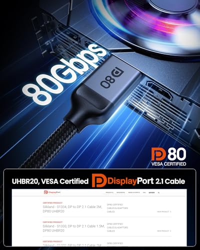 Silkland 80Gbps DisplayPort Cable 2.1 3.3FT [VESA Certified], [8K@240Hz, 4K@540Hz 360Hz 240Hz] DP 2.1 Cable 16K, DP80 HDR DSC Display Port Cord Compatible FreeSync G-Sync Gaming Monitor 5090 7900XTX - size: 3.3 Feet