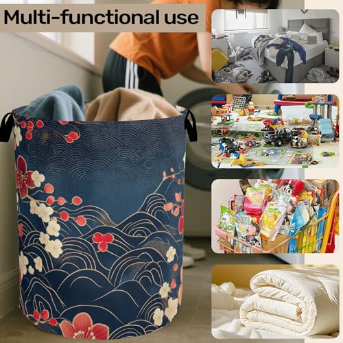 Japanese Cherry Blossom Laundry Basket, Blue Large Clothes Hamper Bag with Handles, Space Saving Foldable Design for Nursery - color: Japanese Wave Cherry Blossom