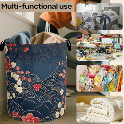 Japanese Cherry Blossom Laundry Basket, Blue Large Clothes Hamper Bag with Handles, Space Saving Foldable Design for Nursery - color: Japanese Wave Cherry Blossom