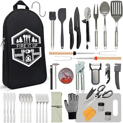 BOMKI Grilling and Camping Cooking Utensils Set for The Outdoors BBQ - Camping Utensil Set Kitchen Set Cookware Accessories Glamping Essentials Camp Stuff Camp Cooking Set (Black Pro) - style: Black Pro