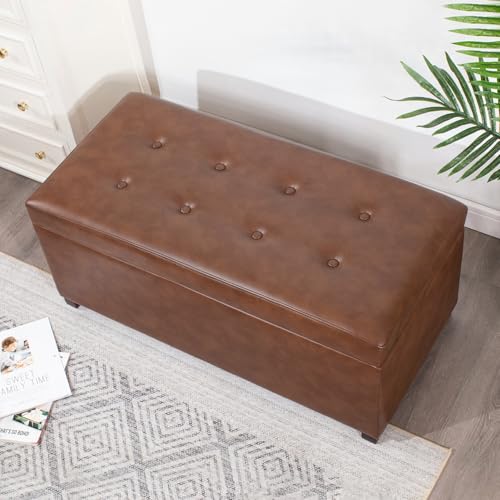 Asense Storage Ottoman Bench,Faux Leather Upholstered Ottoman with Storage,End of Bed Bench with Safety Hinge Wooden Legs,for Entryway,Bedroom,Living Room - color: 37" Faux Leather Tan Brown