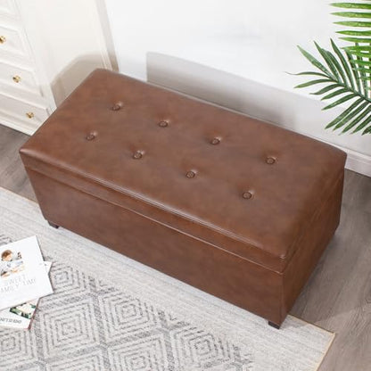 Asense Storage Ottoman Bench,Faux Leather Upholstered Ottoman with Storage,End of Bed Bench with Safety Hinge Wooden Legs,for Entryway,Bedroom,Living Room - color: 37" Faux Leather Tan Brown
