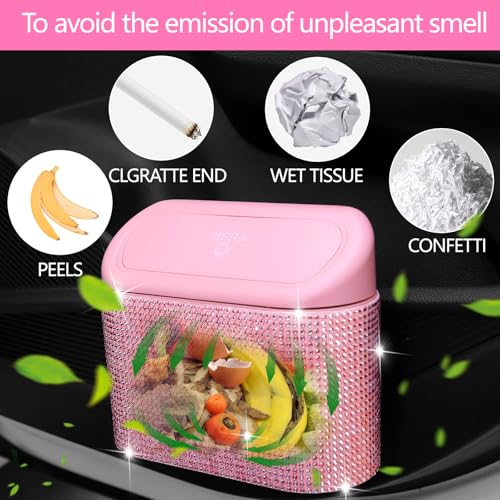 NBTEPEM Bling Pink Car Trash Can with Lid - 2 Pack, Mini Auto Garbage Can with 60 Trash Bags, Automotive Garbage Container Bin, Bling Car Accessories Trash Can for Women (Pink Diamond) - color: Pink Diamond