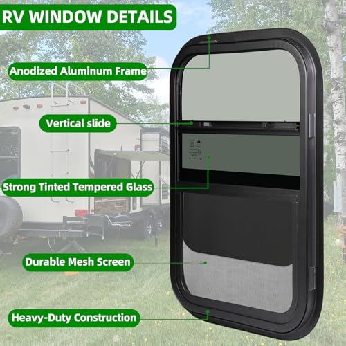 Cargo Trailer Windows,RV Windows for Camper Cargo Trailer Van Truck SUV,12" W x 22" H Vertical Sliding Window Replacement with Trim Ring,Fit 15/16" or 1-3/8" Thick Wall,Allow Error 1/16”,DOT Approved - size: 12"W x 22"H