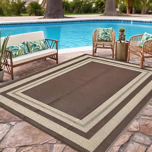 Waterproof Plastic Straw Outdoor Rug 9x18 Patio Reversible UV Resistant Foldable Camping Carpet Modern Border Large Outdoor Rugs for Deck, Picnic, Porch, Camper, Balcony, Beach，Brown - color: Border3 - Brown, size: 9' x 18' (Rectangular)