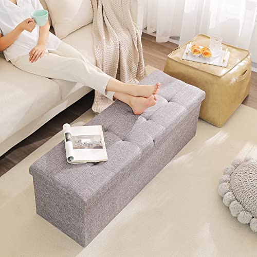 45.3 Inches Foldable Seat Footrest Shoe Bench End of Bed Storage with Flipping Lid, 166L Upholstered Tufted Bench, Linen Fabric Grey - color: Light Grey, size: 45.3" Flip