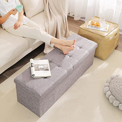 45.3 Inches Foldable Seat Footrest Shoe Bench End of Bed Storage with Flipping Lid, 166L Upholstered Tufted Bench, Linen Fabric Grey - color: Light Grey, size: 45.3" Flip