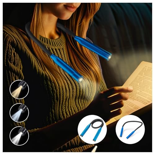 2 Pack Neck Book Lights, 3 Colors & 3 Brightness Levels, Flexible 380° Neck Light Rechargeable, LED Reading Lights for Books in Bed, 80 Hrs Lasting, Perfect for Reading, Knitting, Crafts, Repairs - color: Blue