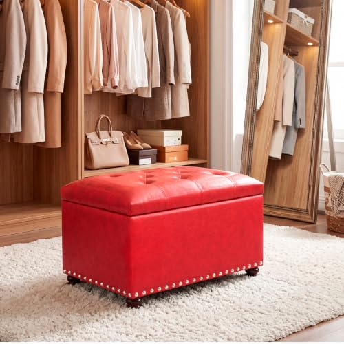 Joveco Leather Storage Ottoman, 24" Rectangle Square Bench Foot Rest Stool for Bedroom Living Room, Red - color: Red