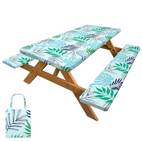 Picnic Table Cover with Bench Covers Camping Tablecloth with Storage Bag Windproof Waterproof Picnic Table Covers with Elastic for Camping - color: Light Blue, size: 72x30in
