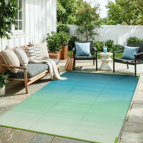 Lahome Outdoor Plastic Straw Rug 5x8, Reversible Waterproof Outdoor Rug Rv Outdoor Mats for Camping Large Carpet for Porch, Deck, Camper, Balcony, Picnic, Blue-Green 5x8 - color: Green Blue-aurora, size: 5' x 8' (Rectangular)