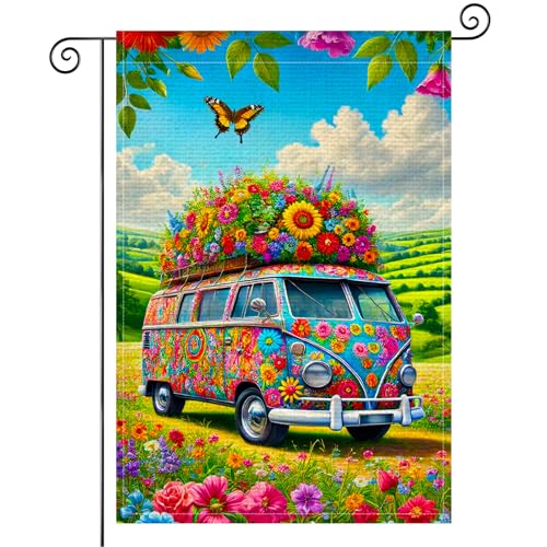BlissYard Spring Floral Vintage Van Garden Flag 12x18 Inch Double Sided Colorful Flower Bus Butterfly Meadow Rustic Farmhouse Yard Outdoor Small Burlap Garden Flag Patio Lawn Spring Summer Decoration - color: Spring Floral Vintage Van Garden Flag