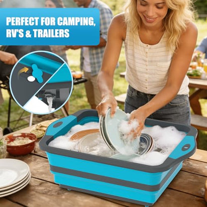 HI NINGER BBQ Prep Tub with Lid, Collapsible Camping Sink with Colander, Cutting Board & Knife Set for Grilling, Smoking & Outdoor Cooking, Collapsible Wash Basin for RV Camping Essentials - color: Blue grey