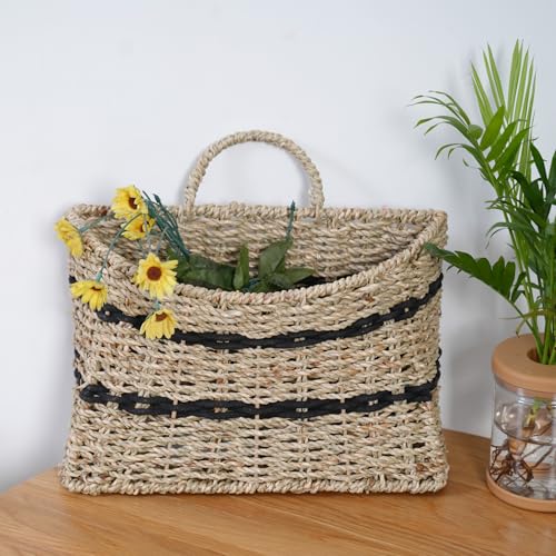 Handmade Seagrass Woven Hanging Basket with Black Cotton Rope - 11.81 x 4.33 x 7.87 Inches - Ideal for Wall Decor & Storage (Half-moon opening) - style: Half-moon opening
