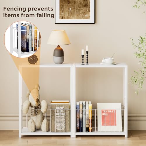 Homleke Narrow Side Tables Set of 2 with Magazine Holder, Skinny End Tables Perfect for Small Spaces, Space-Saving Design for Living Room, Bedroom, or Office, 7.1" D x 16.9" W x 23.6" H, White - color: White - Standard