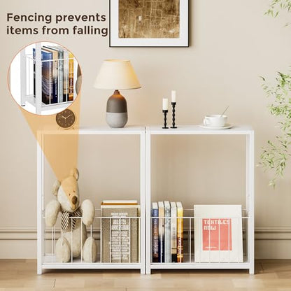 Homleke Narrow Side Tables Set of 2 with Magazine Holder, Skinny End Tables Perfect for Small Spaces, Space-Saving Design for Living Room, Bedroom, or Office, 7.1" D x 16.9" W x 23.6" H, White - color: White - Standard
