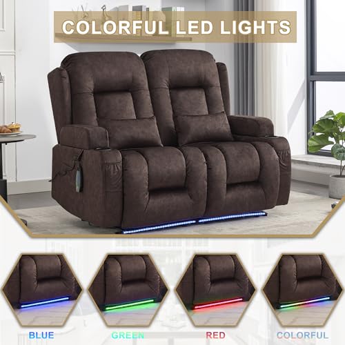 URRED Power Loveseat Recliner Sofa with Massage and Heat, Wall Hugger Reclining Loveseat, RV Couch Home Theater Seating with LED Lights for Living Room (Brown, 54" - 2 Seats) - color: Brown, size: 54" - 2 Seats