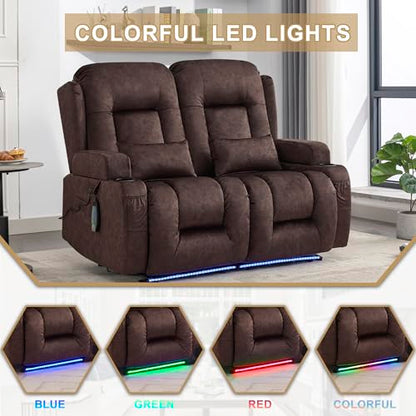 URRED Power Loveseat Recliner Sofa with Massage and Heat, Wall Hugger Reclining Loveseat, RV Couch Home Theater Seating with LED Lights for Living Room (Brown, 54" - 2 Seats) - color: Brown, size: 54" - 2 Seats