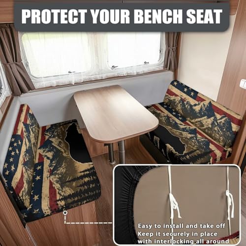 RV Dinette Cushion Covers - Stretch RV Bench Seat Protector with American Flag Mountain Bear, Anti-Slip Sofa Slipcover for Camper, Dogs & Travel Trailers (1 Backrest + 1 Seat) - color: American Flag Mountain Bear
