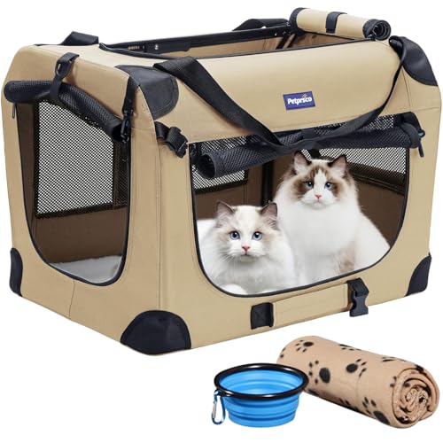 Petprsco Portable Collapsible Dog Crate, Travel Dog Crate 24x17x17 with Soft Warm Blanket and Foldable Bowl for Large Cats & Small Dogs Indoor and Outdoor - color: Beige, size: 24.0"L x 17.0"W x 17.0"H