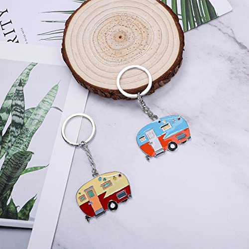 Thinp 2 Pieces Camper Keychain, RV Camper Keyring Accessories for Travel Trailers Enameled Metal Retro Camping Car Keychain - color: Blue+brown