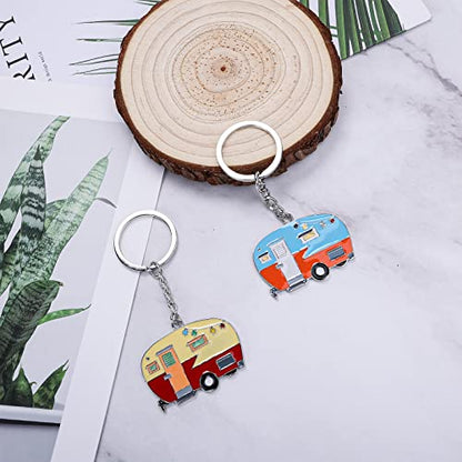 Thinp 2 Pieces Camper Keychain, RV Camper Keyring Accessories for Travel Trailers Enameled Metal Retro Camping Car Keychain - color: Blue+brown