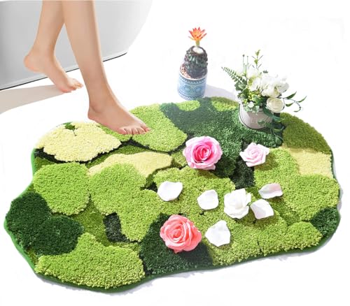 Hifuwan Cute Green Moss Shag Bathroom Rugs Leaf Bath Mats for Bathroom Decor Aesthetic Leaves Soft Non Slip Washable Aabsorbent Floor Carpet Boho Indoor Shower Mat Doormat - size: 1'8" x 2'8" (Rectangular)