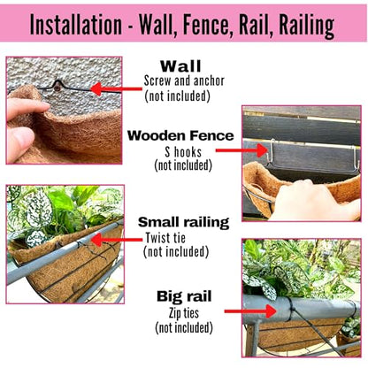 LaLaGreen Outdoor Wall Planters, 4 Pack, 14 Inch Large Balcony Planter Railings Hanging, Rail Flower Basket with Coco Liner English Horse Trough Black Metal Wire Succulent Pot Holder Deck Porch Garden - size: 14" (35.5cm) x 4 Pack