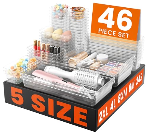 A-LuGei 【46PCS & 5Sizes Clear Drawer Organizer,【Hold 277 Items】 Makeup Organizer, Bathroom Organizers and Storage, Organization and Storage, Organizer Bins for Office Vanity Kitchen Tool Trays - color: Clear, size: 5 Size