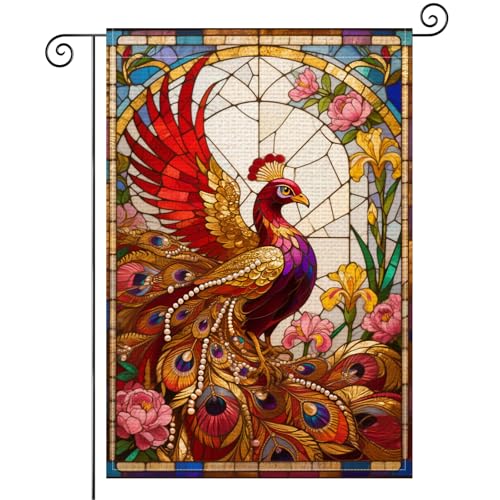 BlissYard Peacock Garden Flag 12x18 Inch Burlap Garden Flag Double Sided Vertical Outdoor Decor Stained Glass Peacock Floral Theme Yard Banner Colorful Artistic Lawn Porch Garden Decoration - color: Stained Glass Peacock Garden Flag