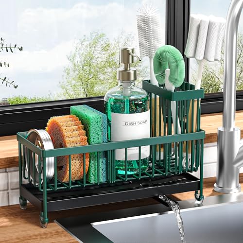 Cisily Sponge Holder for Kitchen Sink, Sink Caddy Organizer with High Brush Holder, Kitchen Countertop Organizers and Storage Essentials, Rustproof 304 Stainless Steel (Dark Green, 9.25″) - color: Dark Green - 9.25″