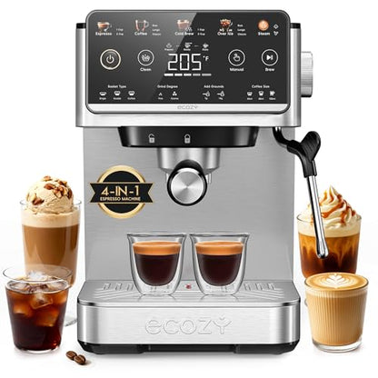 ecozy 4-in-1 Espresso Machine and Coffee Maker Combo with Milk Frother, All in One with Cold Brew & Over Ice, Interactive Touch Screen, Brezzano Elite Series for Cappuccinos, Lattes, Americanos - color: Silver