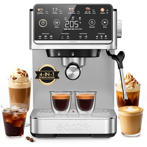 ecozy 4-in-1 Espresso Machine and Coffee Maker Combo with Milk Frother, All in One with Cold Brew & Over Ice, Interactive Touch Screen, Brezzano Elite Series for Cappuccinos, Lattes, Americanos - color: Silver