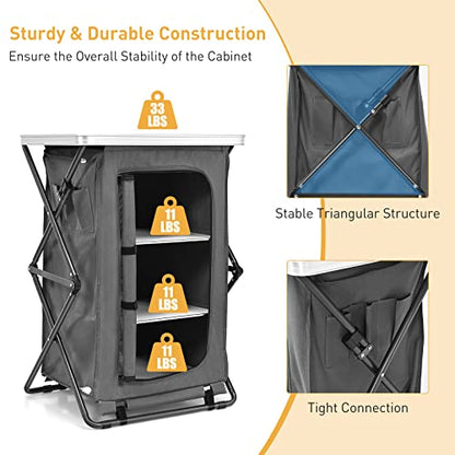 Goplus Folding Camping Storage Cabinet, Pop Up Outdoor Camping Kitchen Station with Large 3-Tier Storage Organizer, Carry Bag, Easy Set Up Portable Compact Camping Table for BBQ Picnic Backyard (35'') - size: 35''