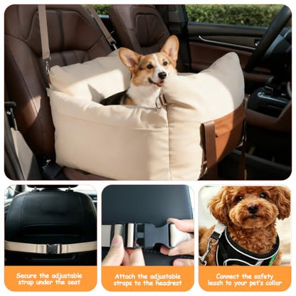 Dog Car Seats for Small Dogs, Waterproof Puppy Car Seat with Side Handles and Large Pockets, Clip-On Safety Leash and PP Cotton Filling, Pet Booster Seat for Small Dog up to 25lbs (Apricot) - color: Apricot