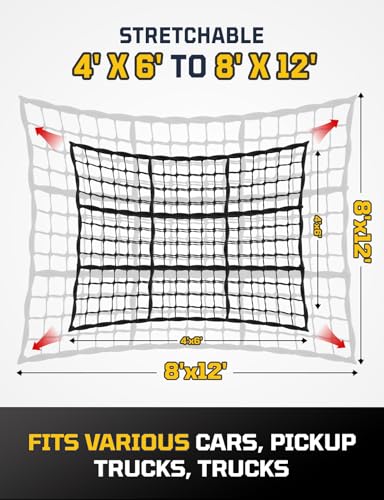AUTOWN Cargo Net for Pickup Truck Bed - Stretchable 4' x 6' to 8' x 12' with 4" x 4" Mesh, Heavy Duty 10mm Cord Bungee Bed Netting with 12 Metal Carabiners - Ideal for ATV, SUV, UTV and Truck - size: 4' x 6'