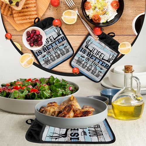 Hunting Cabin Gifts Pot Holders with Pockets, Life is Better in The Woods Moose Pot Holders Heat Resistant Oven Mitts Hot Pads for Kitchen Baking Cooking,Potholders for Kitchens - color: Louyzhut-3
