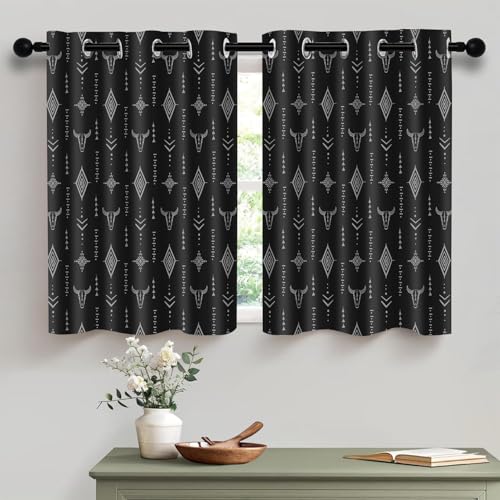 Aztec Western Blackout Small Window Curtains for RV Camper Kitchen, Tribal Bull Skull Boho Grommet Short Bedroom Cafe Curtain Native Ethnic Rustic Bathroom Privacy Drapes 2 Panels, 42x24in - color: Black, size: 42"W x 24"L (Pack of 2)