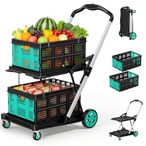 8-in-1 Max Collapsible Shopping Cart 200LBS with 2 Storage Crates, Portable Foldable Utility Cart with Foot Brake for Picnic, Supermarket, Grocery, Office, Outdoor - Blue 2026 Upgraded - color: Sky Blue