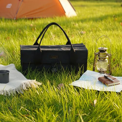 Flip Lid Camping Tool Bag, 15" Multi-Container Storage Soft Case, Water-Resistant Camping Tool Tote for Tent Stakes, Cooking Gear, Cutlery, Utensil, Flatware, Tea Kettle and Tools, Black - color: Black